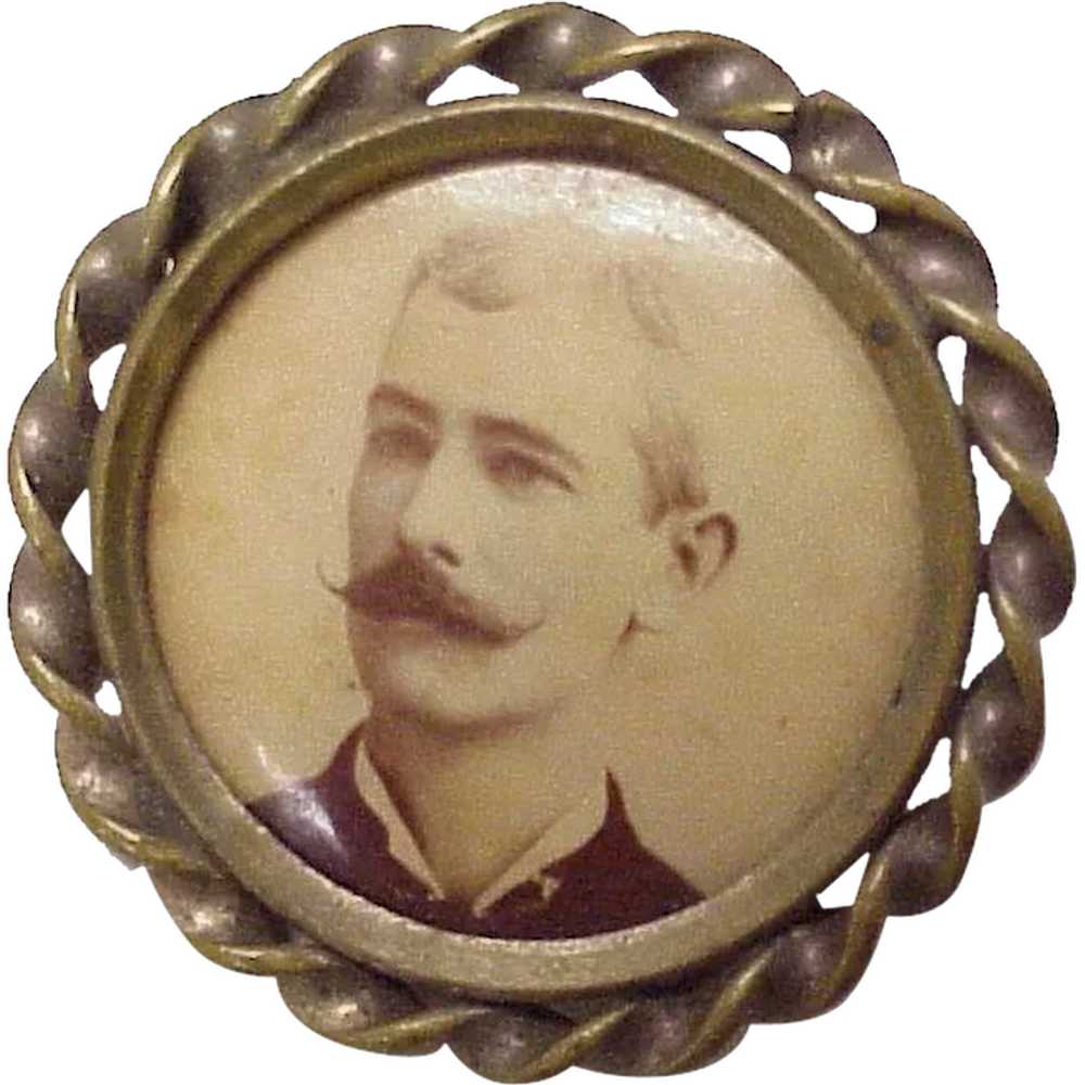 Victorian Photograph Portrait Pin, Handsome Man c… - image 1