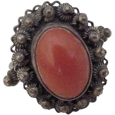 Vintage Red Coral Ring 800 Silver Cannetille Fili… - image 1