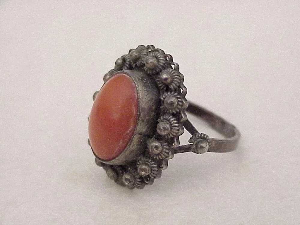 Vintage Red Coral Ring 800 Silver Cannetille Fili… - image 2