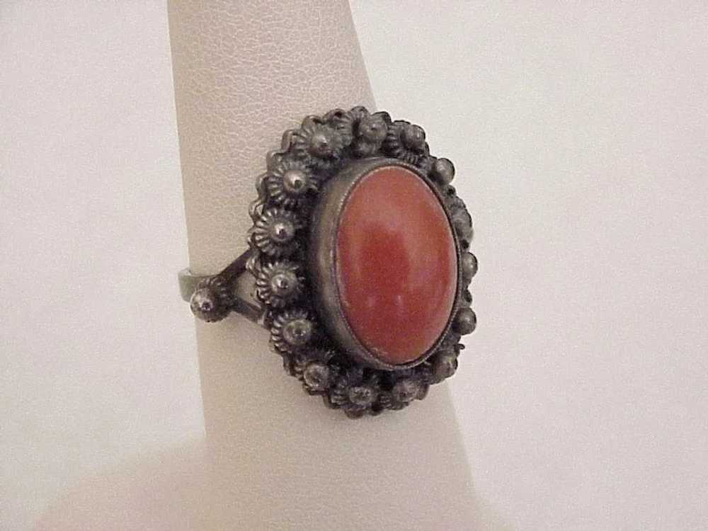 Vintage Red Coral Ring 800 Silver Cannetille Fili… - image 5
