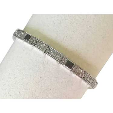 Art Deco Filigree Bracelet 14K White Gold & Sapph… - image 1