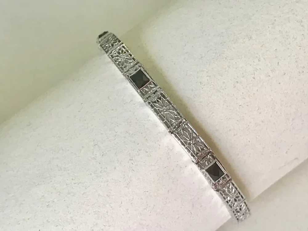 Art Deco Filigree Bracelet 14K White Gold & Sapph… - image 2