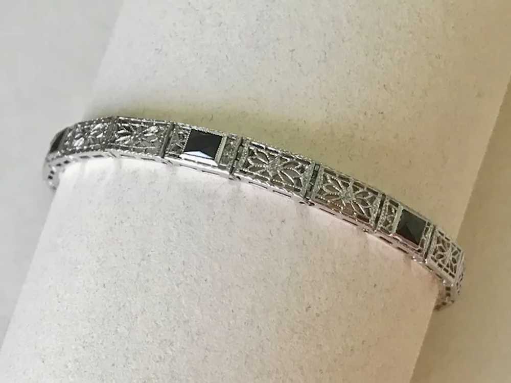 Art Deco Filigree Bracelet 14K White Gold & Sapph… - image 3