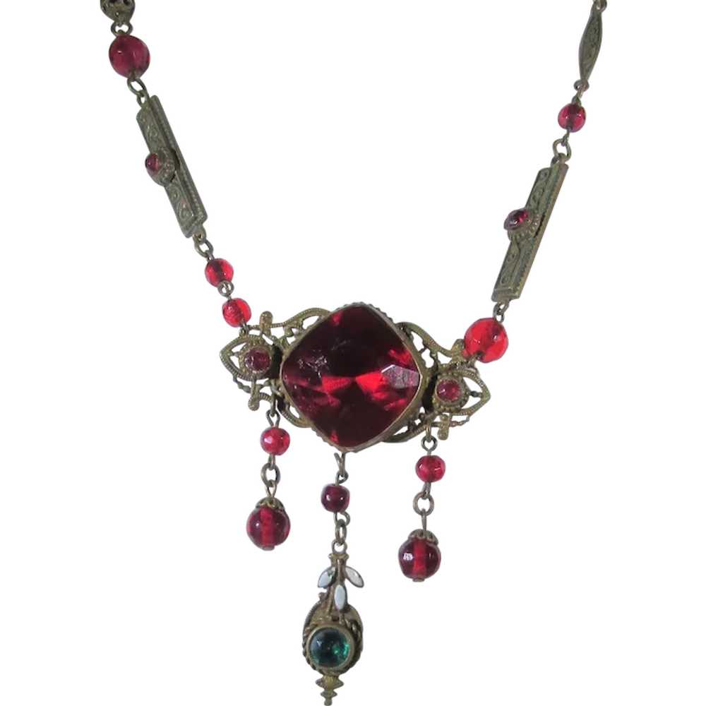 Vintage Cherry Red Crystal Necklace With Unusual … - image 1