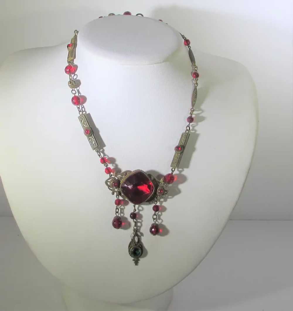 Vintage Cherry Red Crystal Necklace With Unusual … - image 2