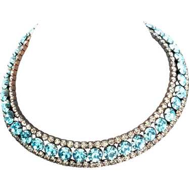 Vintage Triple Row Aqua Crystal Rhinestone Rigid … - image 1