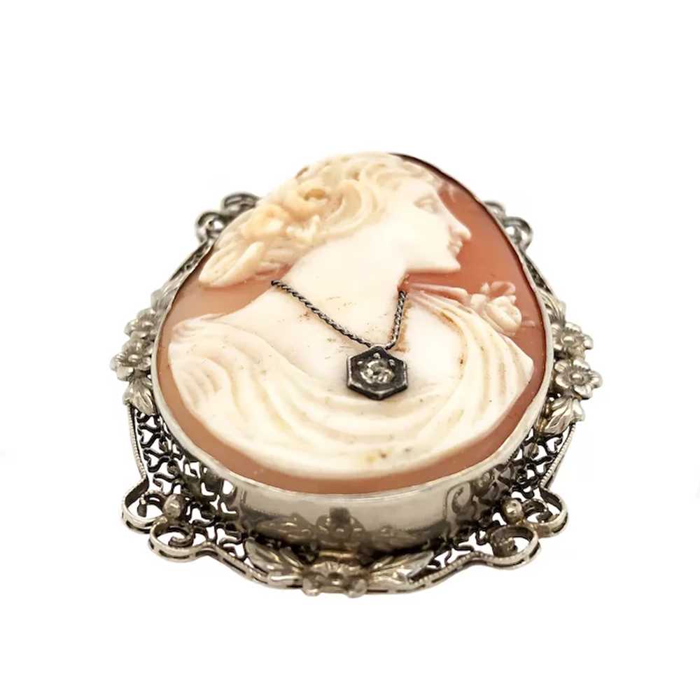 Art Nouveau White Gold Shell Cameo Pin Pendant - image 2