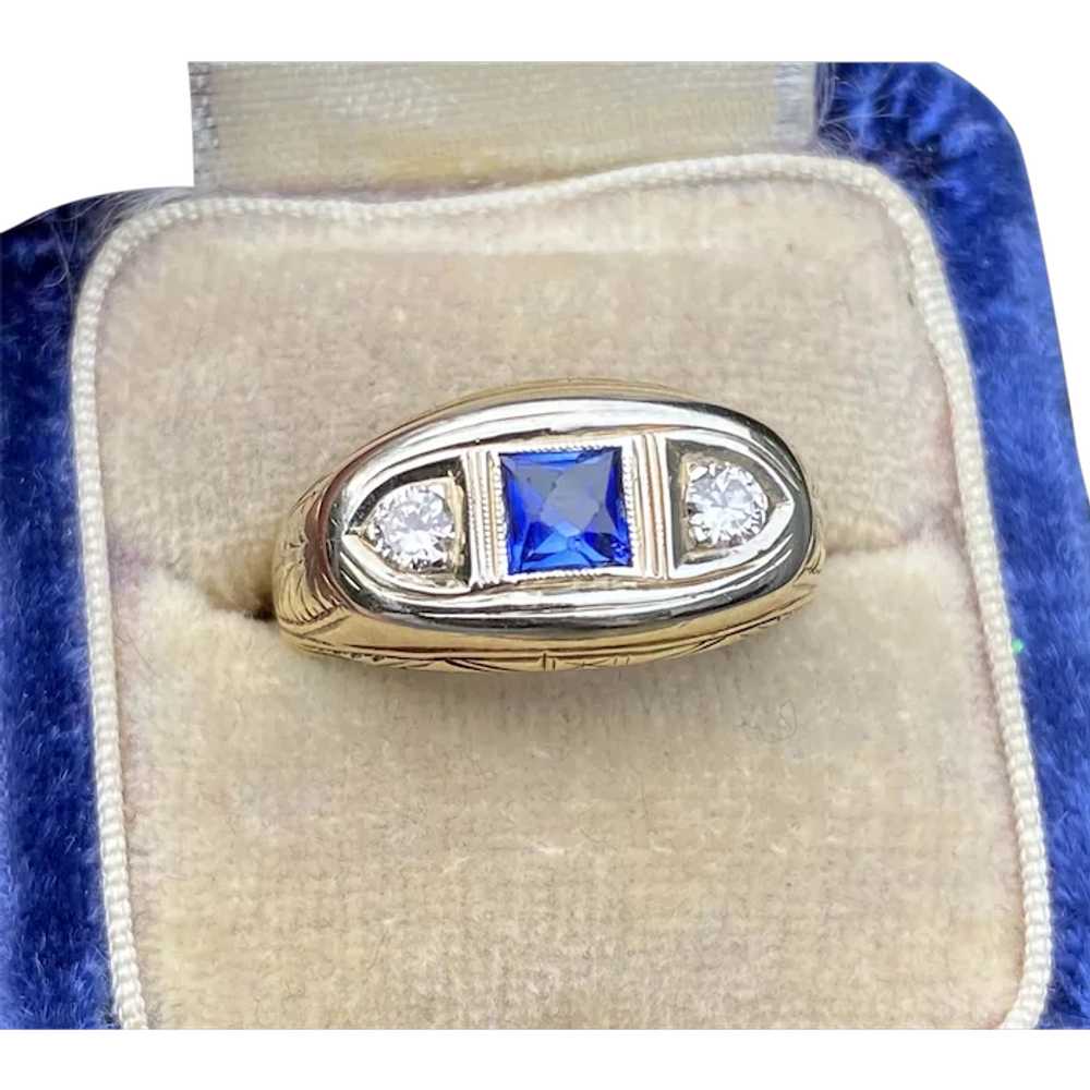 Art Deco Three Stone Diamond and Sapphire 14K Gol… - image 1