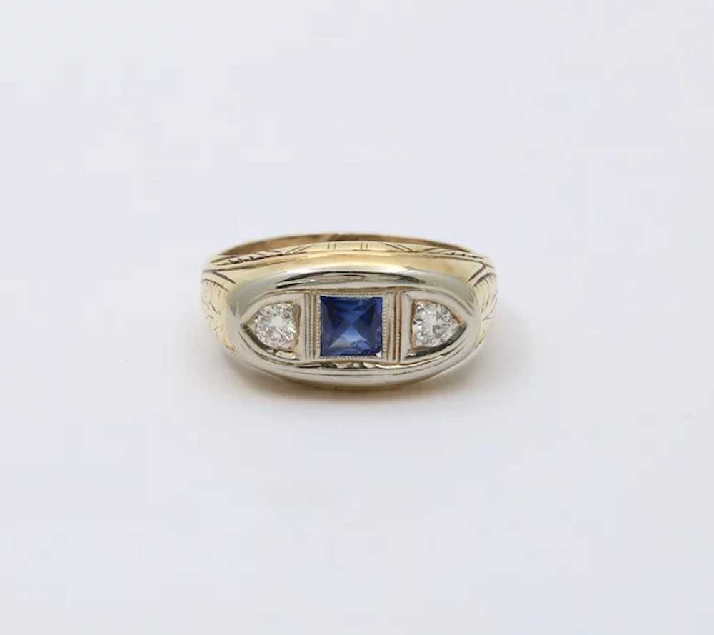 Art Deco Three Stone Diamond and Sapphire 14K Gol… - image 5