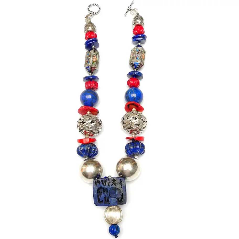 Elephant in Lapis with Coral and Handmade Silver … - image 11