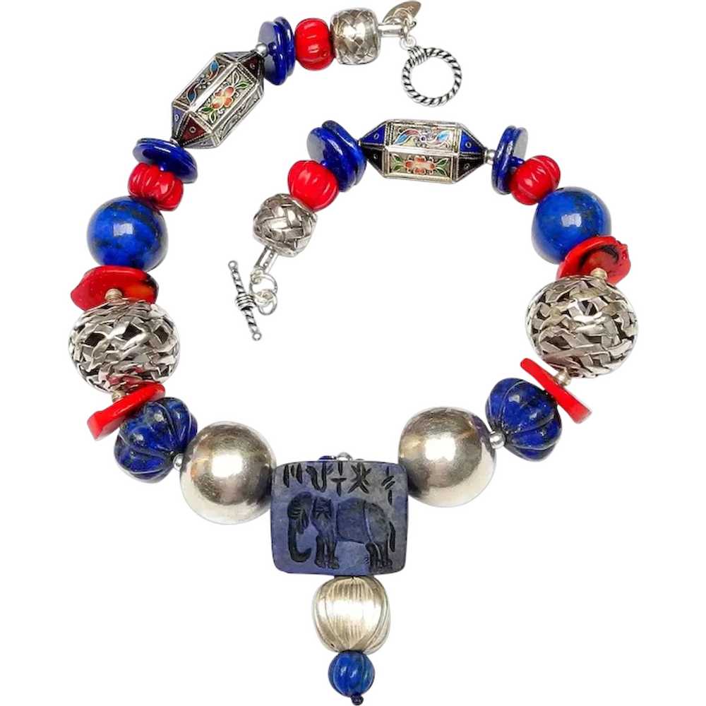 Elephant in Lapis with Coral and Handmade Silver … - image 1