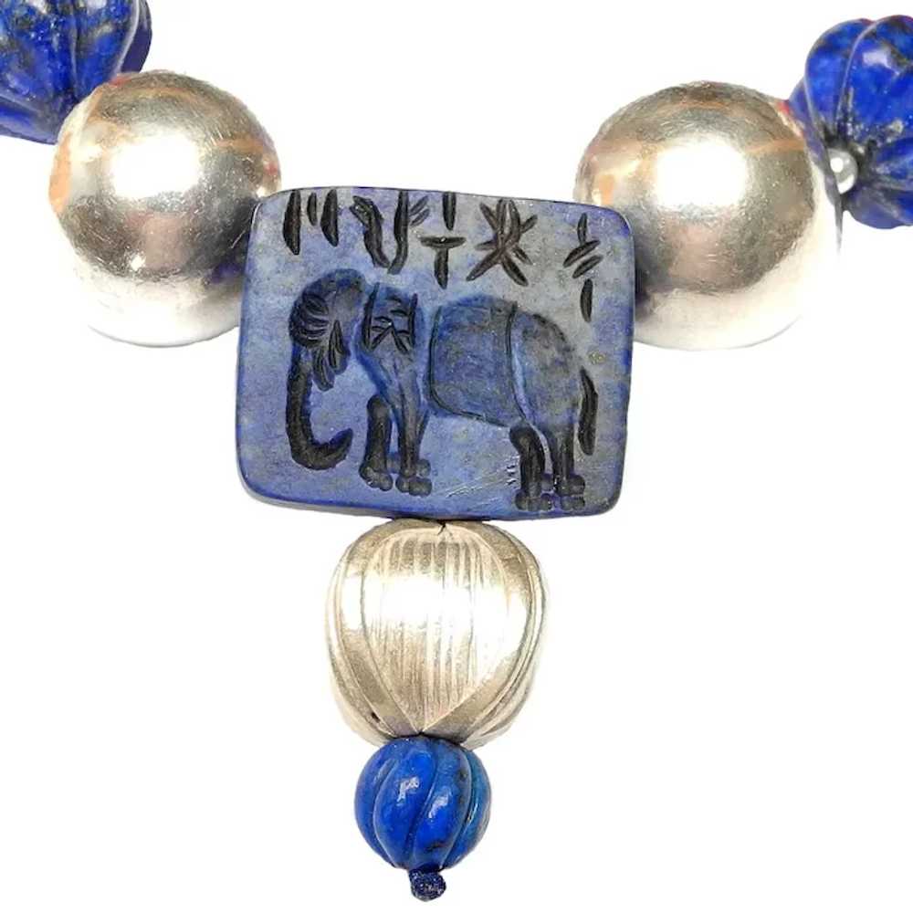Elephant in Lapis with Coral and Handmade Silver … - image 2