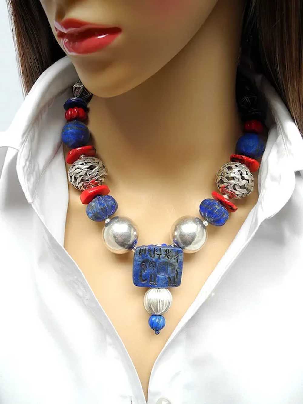 Elephant in Lapis with Coral and Handmade Silver … - image 6