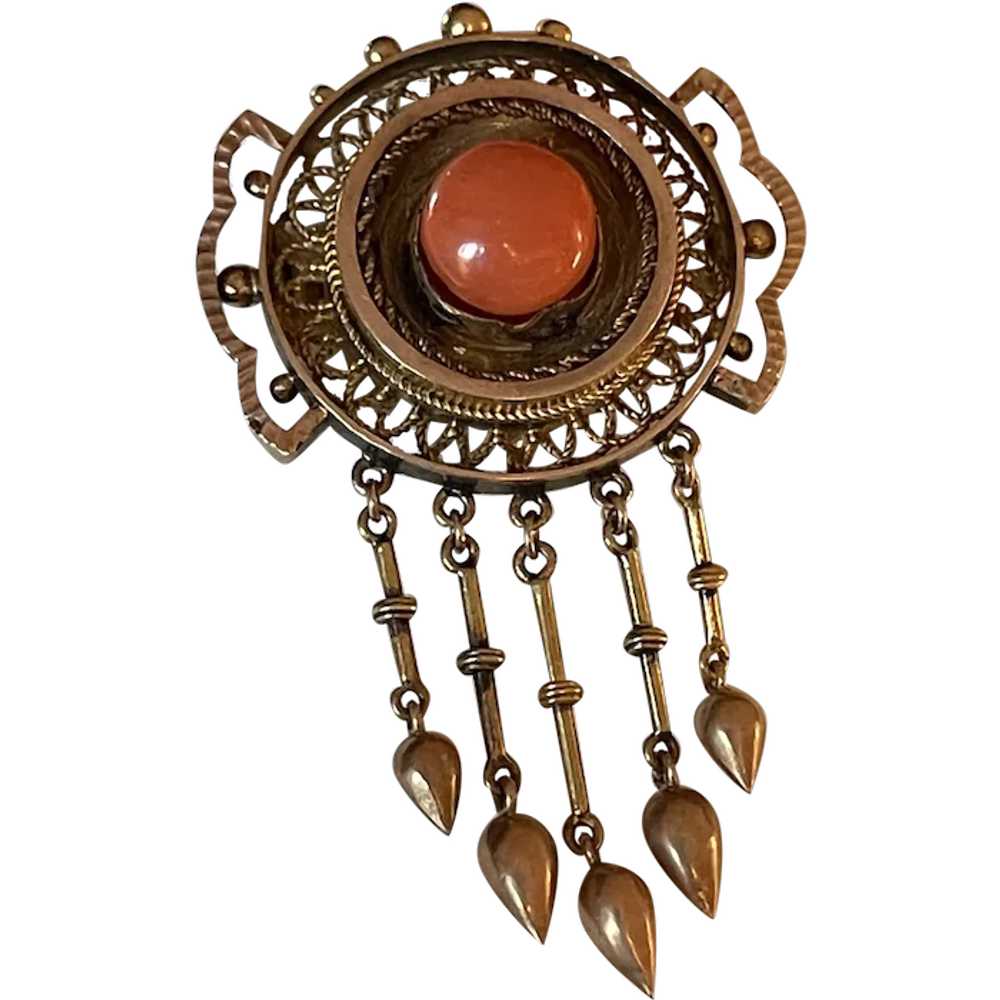 Antique 10k Coral Button  Dangle Brooch - image 1