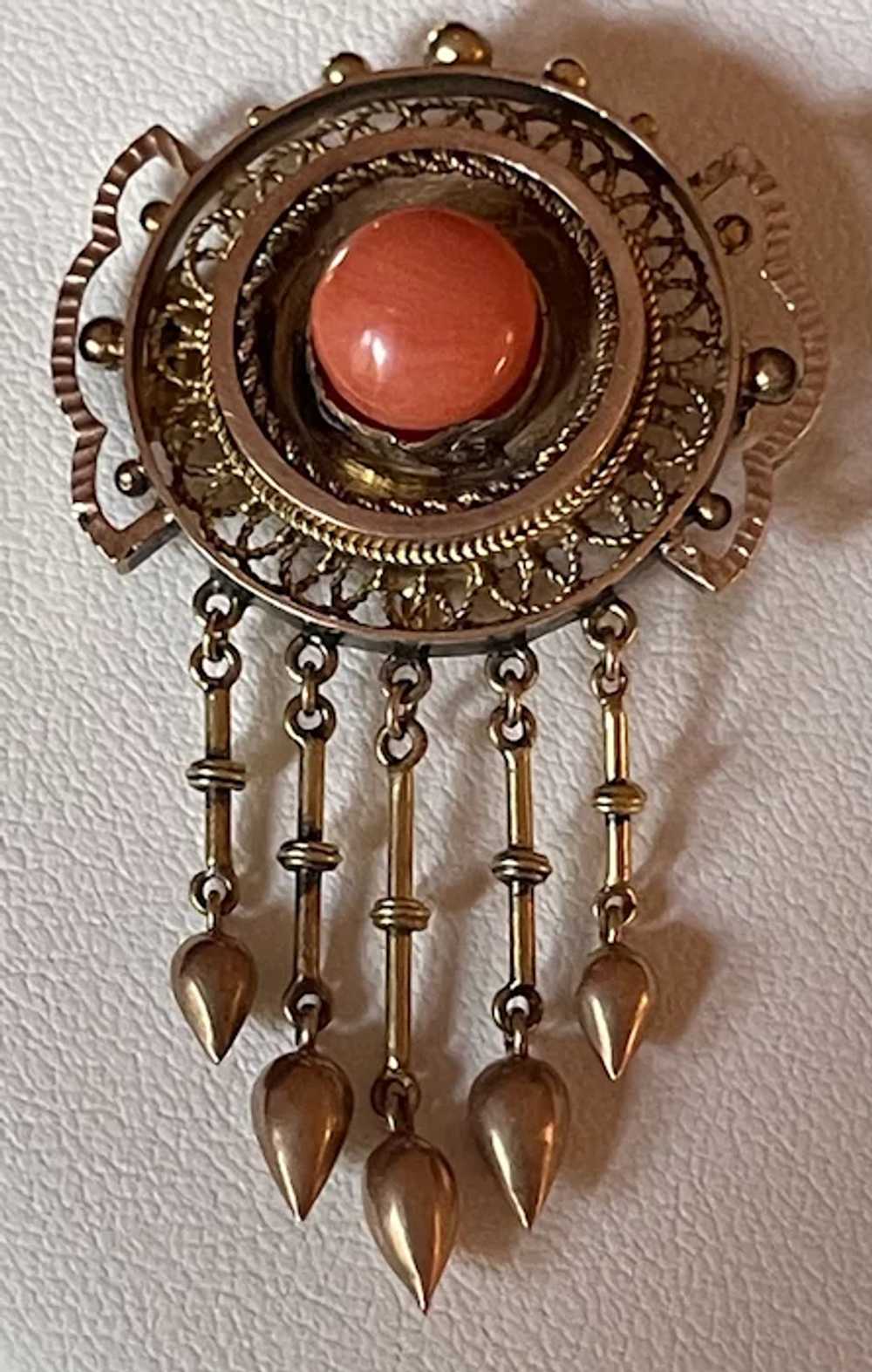 Antique 10k Coral Button  Dangle Brooch - image 3