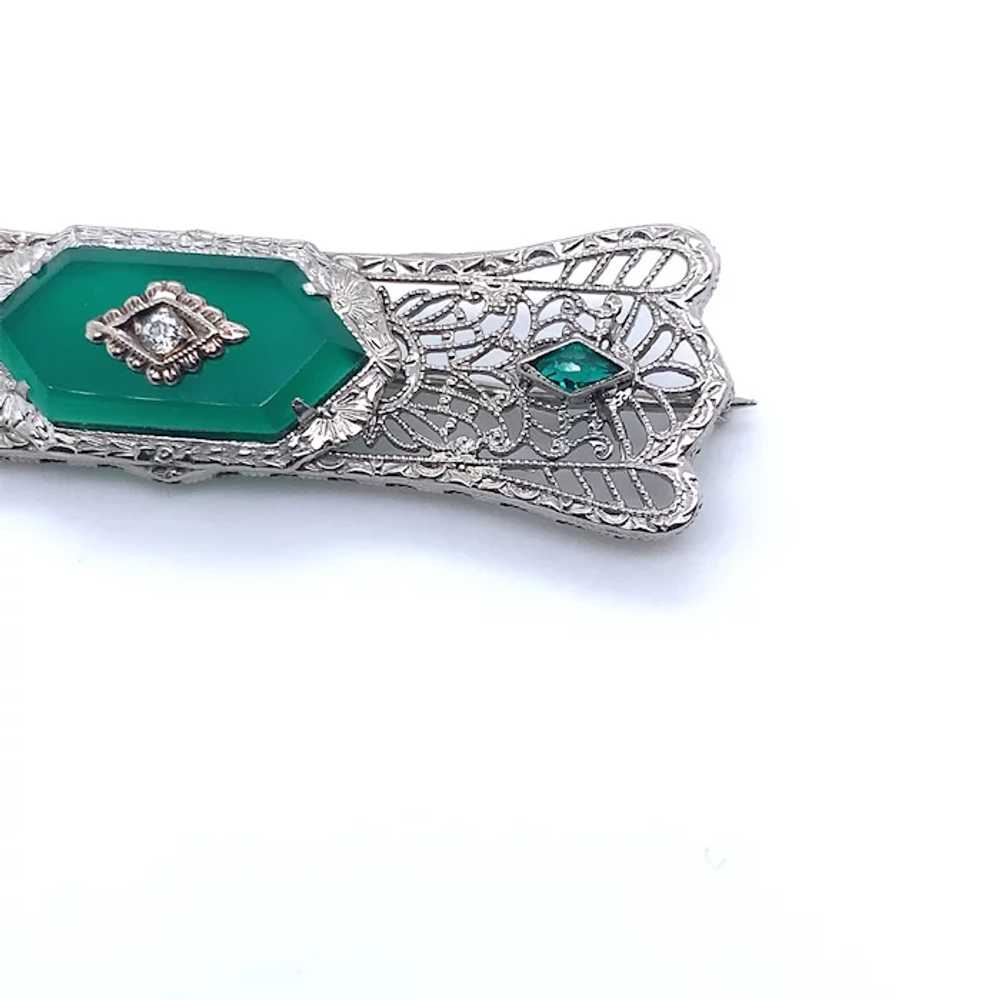 Art deco 14k Filigree Green Onyx & Diamond Pin - image 4