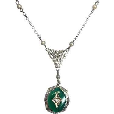 10K Green Onyx & Diamond Deco Pendant