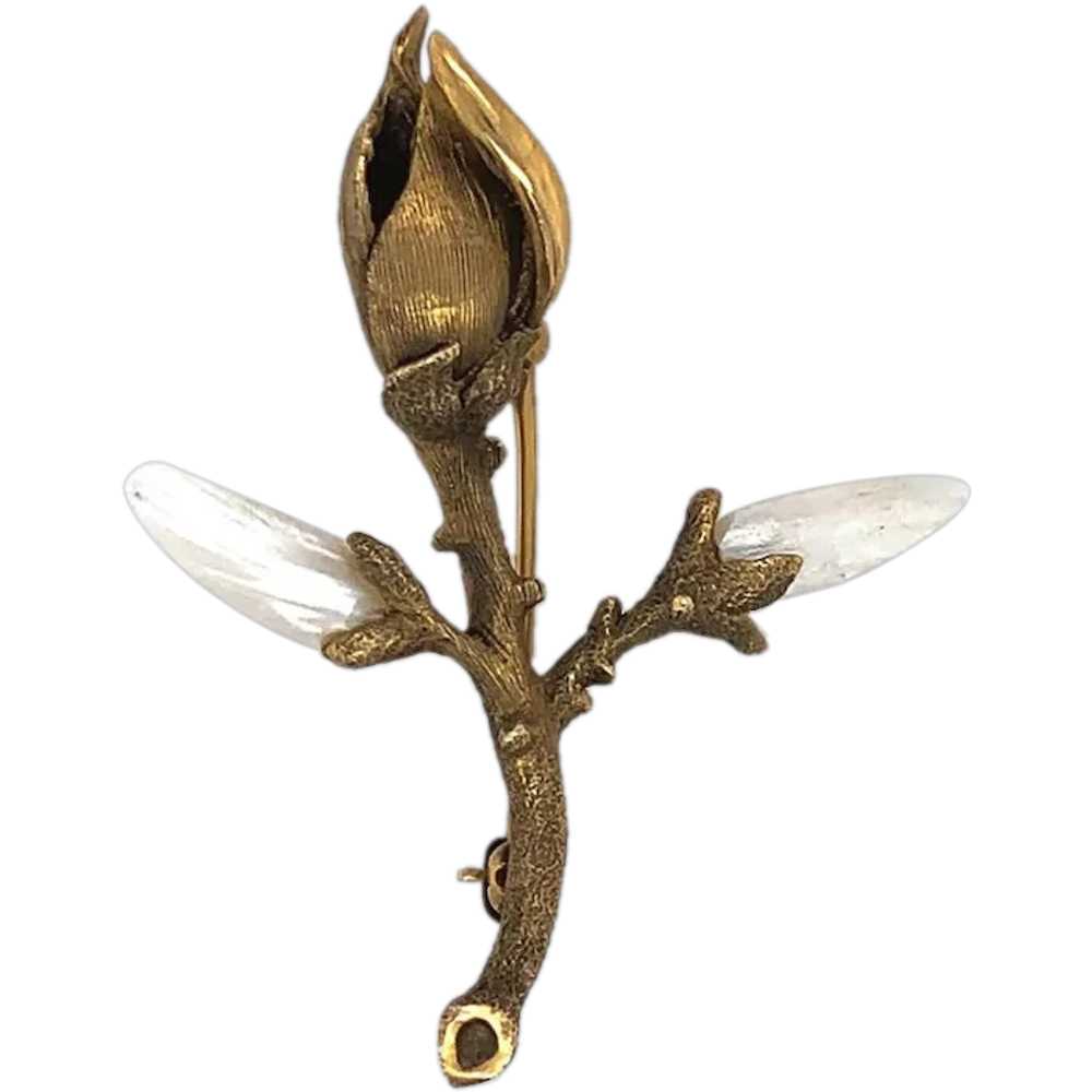 14K Freshwater River Pearl Magnolia Branch Pin - image 1