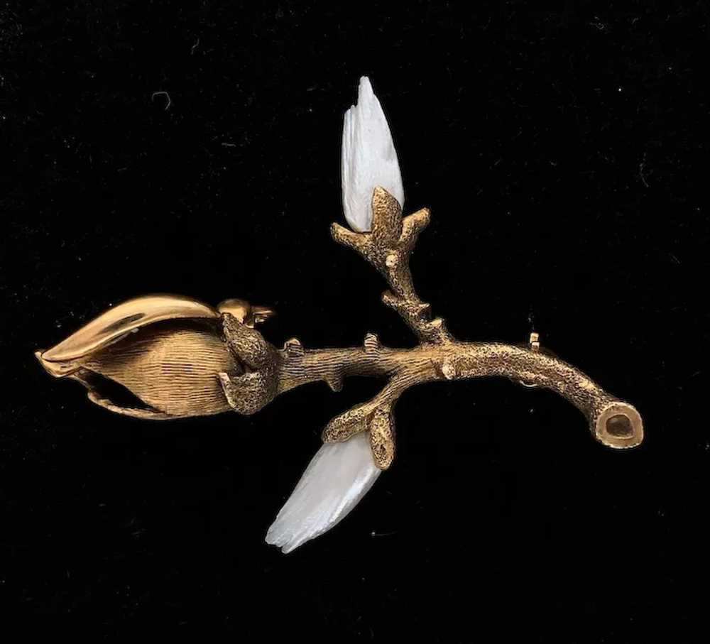 14K Freshwater River Pearl Magnolia Branch Pin - image 2