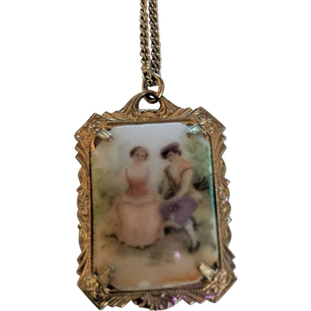 Vintage Porcelain Romantic Couple Pendant Necklace - image 1