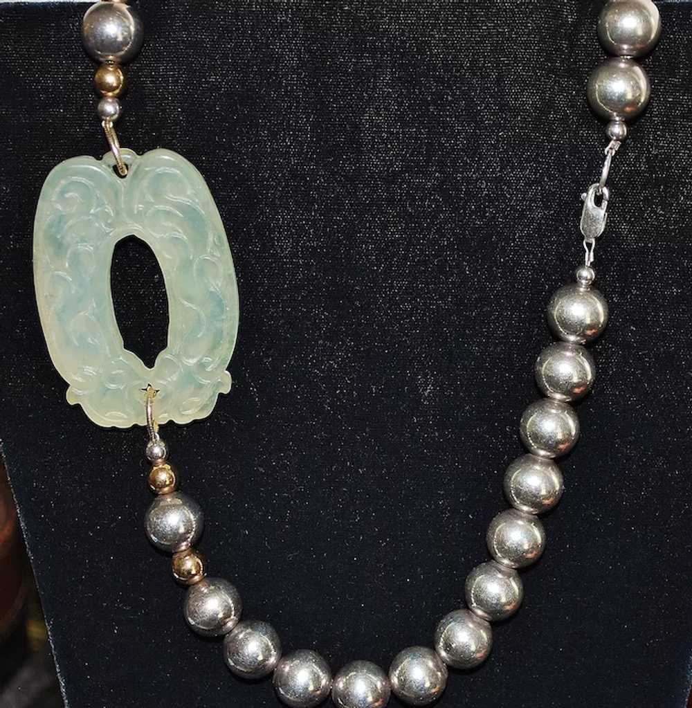 Large Sterling Silver and Celadon Jade Necklace - image 3