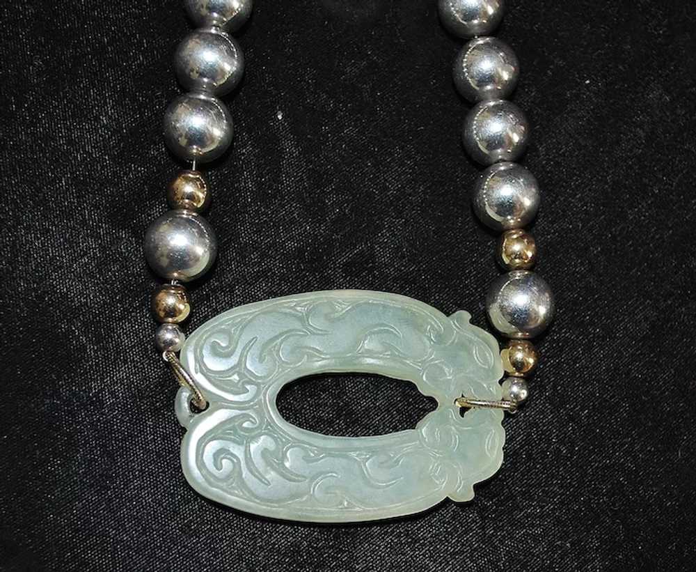 Large Sterling Silver and Celadon Jade Necklace - image 5