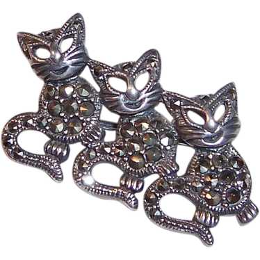 Three Happy Sterling Silver Marcasite Kittens / Ca