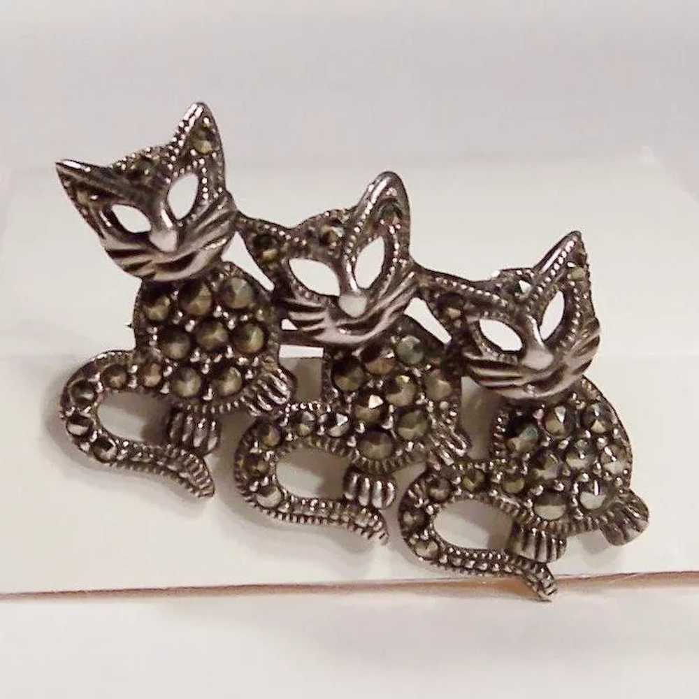 Three Happy Sterling Silver Marcasite Kittens / C… - image 2