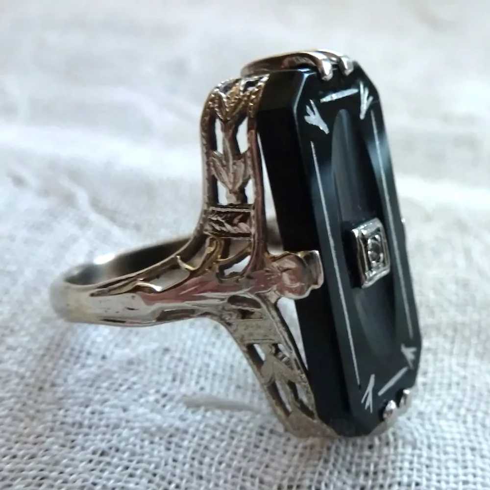 14K WG Art DECO Onyx Diamond Inlay Filigree Ring … - image 10