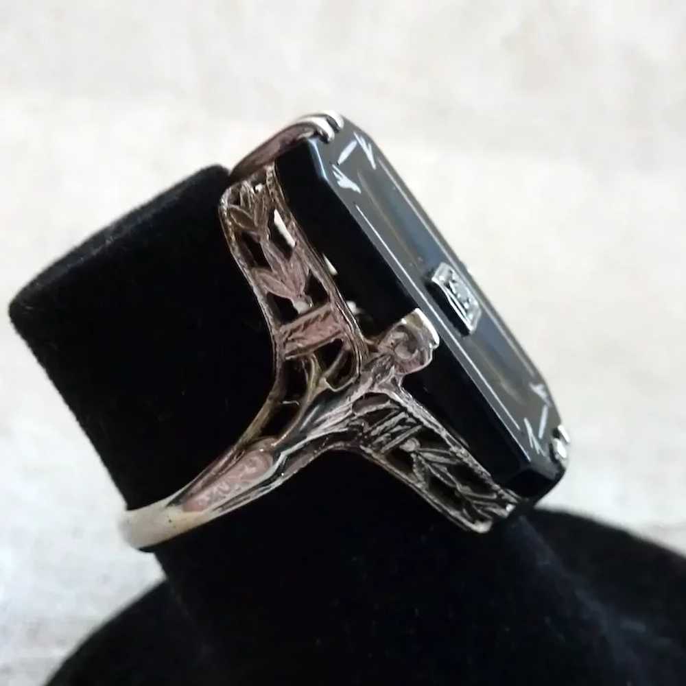 14K WG Art DECO Onyx Diamond Inlay Filigree Ring … - image 11