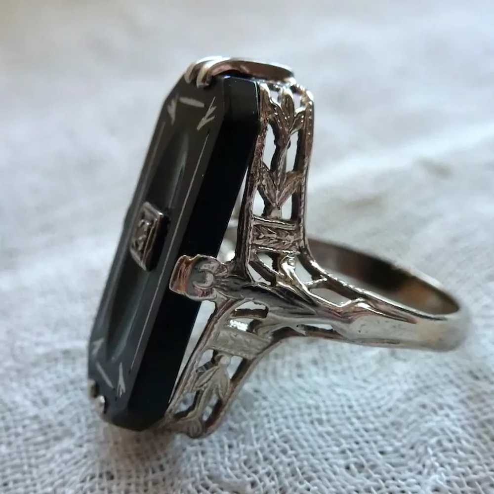 14K WG Art DECO Onyx Diamond Inlay Filigree Ring … - image 3