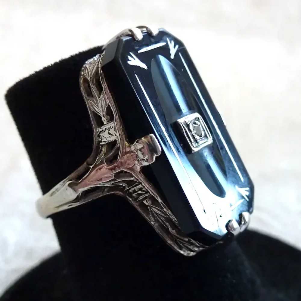 14K WG Art DECO Onyx Diamond Inlay Filigree Ring … - image 8