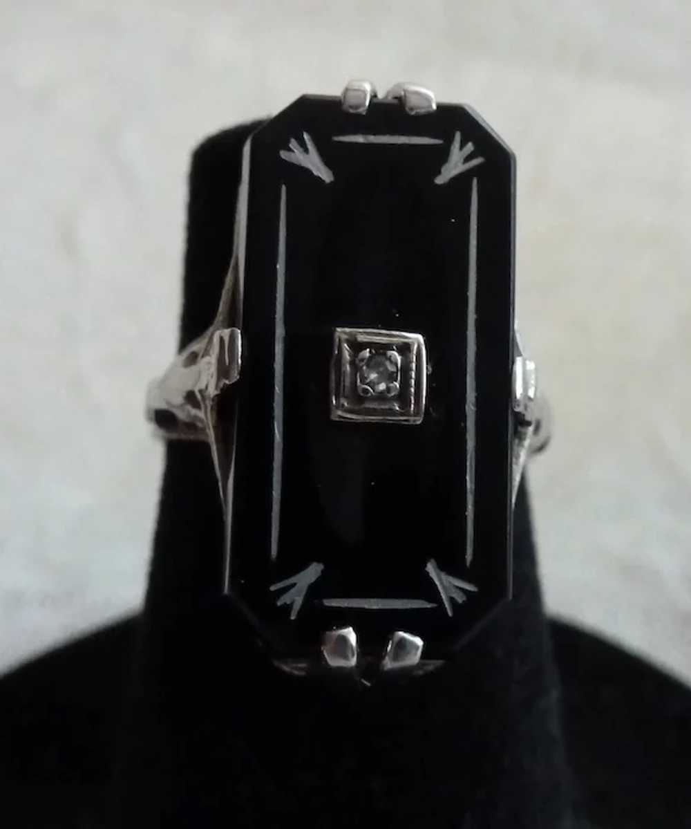 14K WG Art DECO Onyx Diamond Inlay Filigree Ring … - image 9