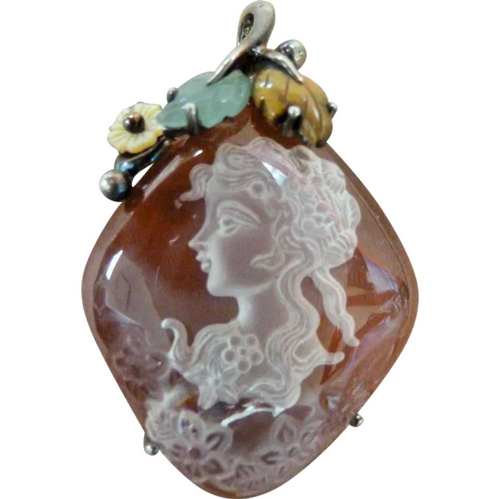 STERLING Carved Glass and Carnelian Tigers Eye Ca… - image 1