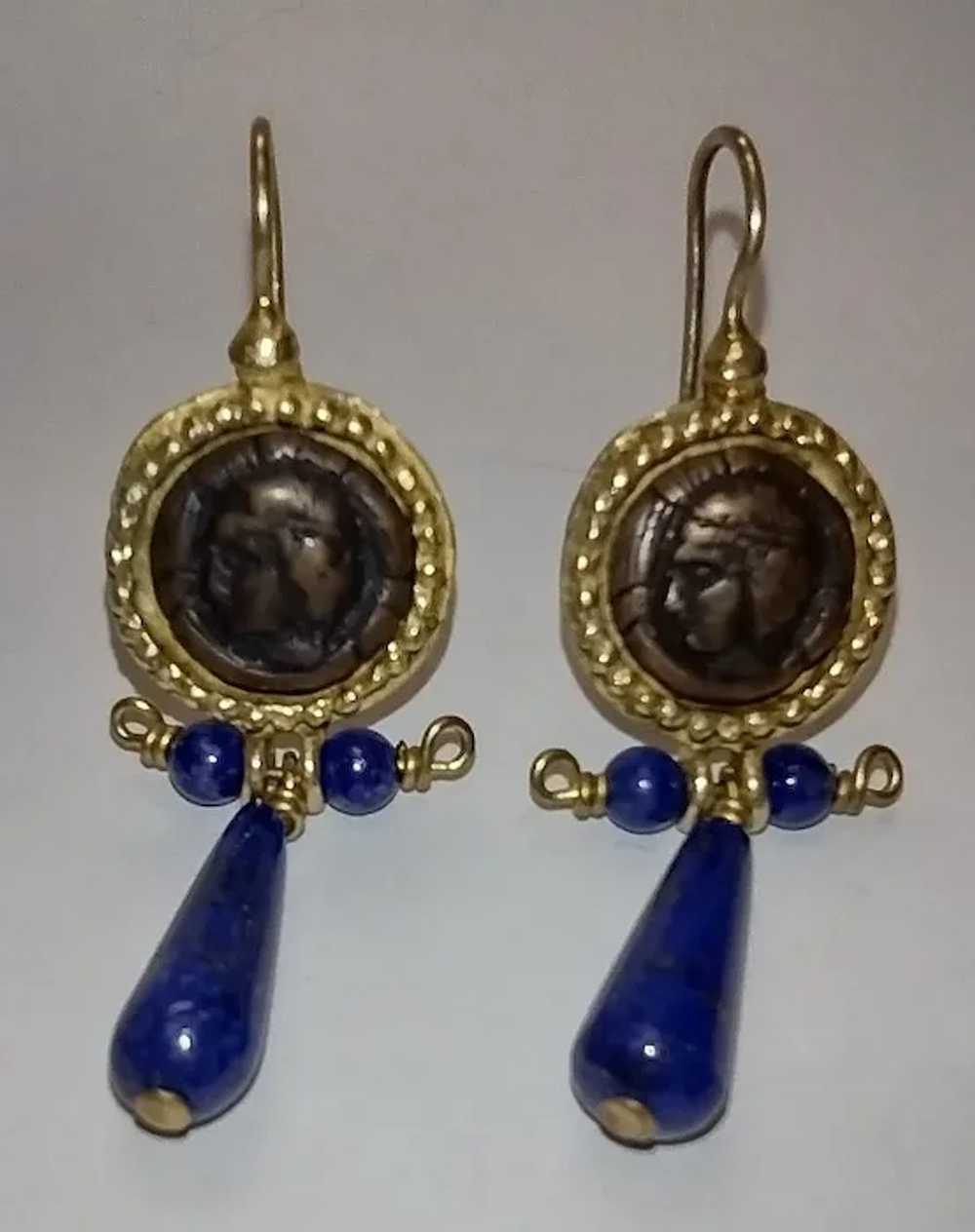 Egyptian Revival Lapis Hanging Earrings - image 2