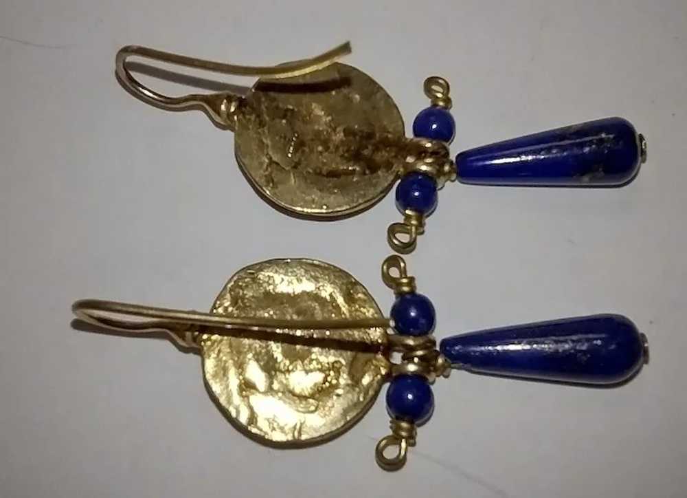 Egyptian Revival Lapis Hanging Earrings - image 4