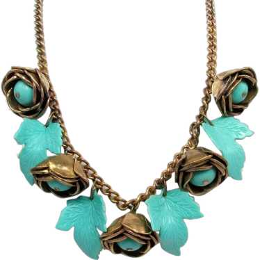Gorgeous! 1930-40s Brass Roses Necklace With Aqua… - image 1