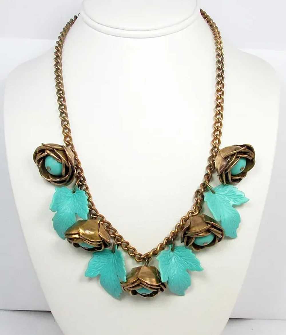 Gorgeous! 1930-40s Brass Roses Necklace With Aqua… - image 2