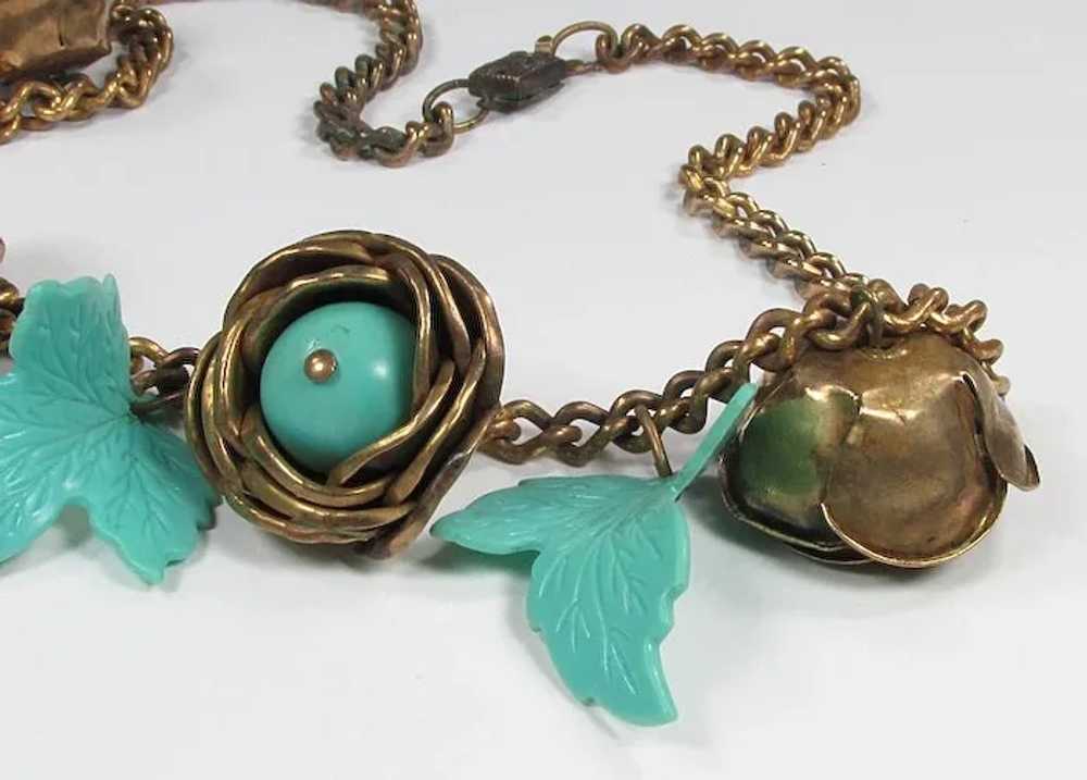 Gorgeous! 1930-40s Brass Roses Necklace With Aqua… - image 3