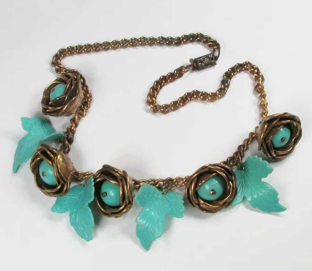 Gorgeous! 1930-40s Brass Roses Necklace With Aqua… - image 4