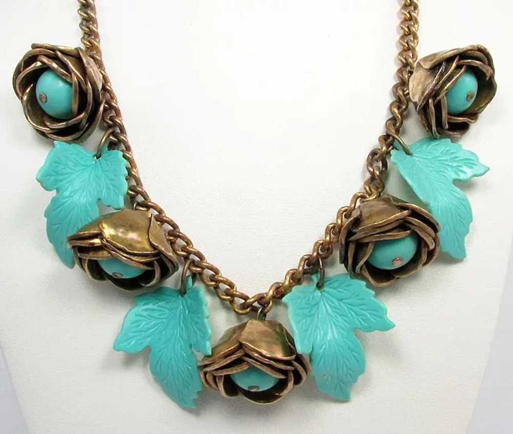 Gorgeous! 1930-40s Brass Roses Necklace With Aqua… - image 5