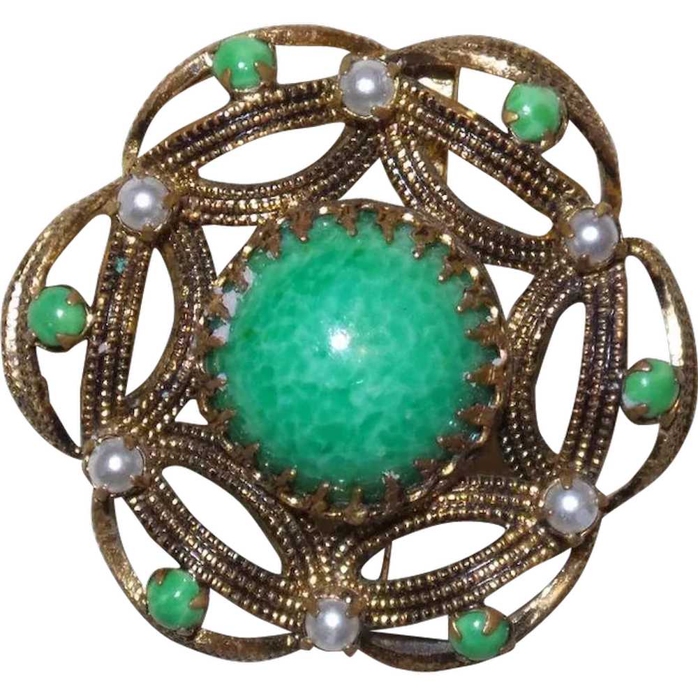 Vintage Faux Jade and Faux Pearl Brooch - image 1