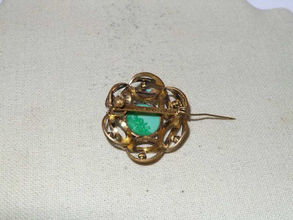 Vintage Faux Jade and Faux Pearl Brooch - image 2