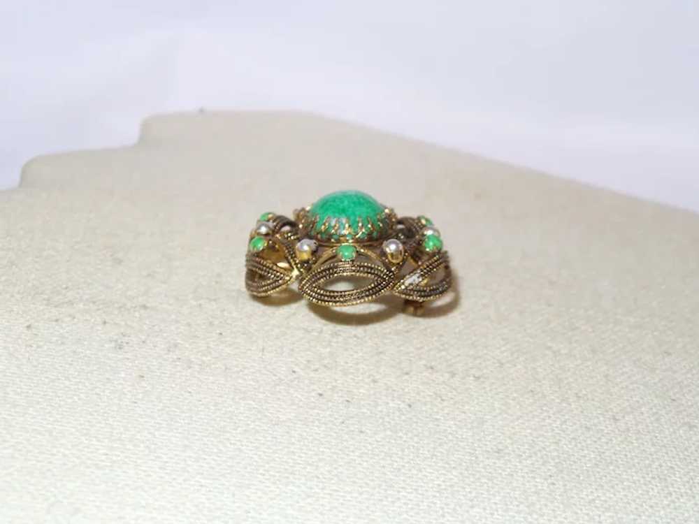Vintage Faux Jade and Faux Pearl Brooch - image 3
