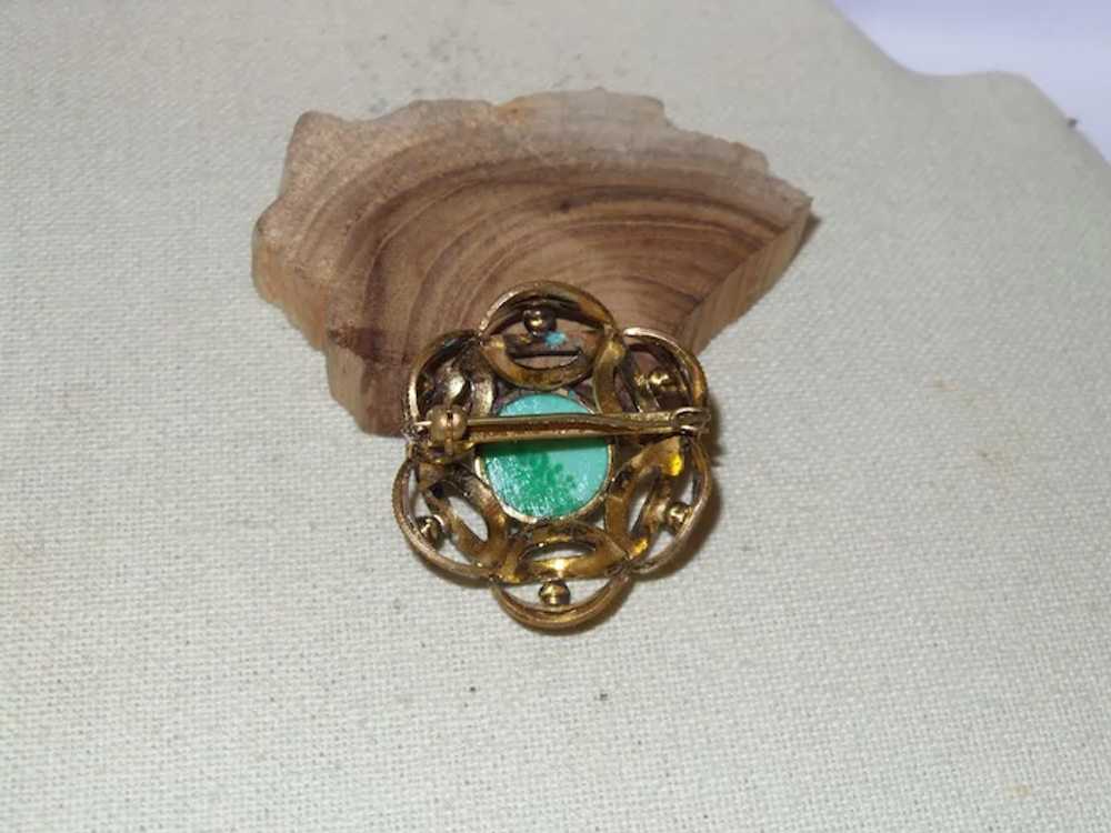 Vintage Faux Jade and Faux Pearl Brooch - image 4