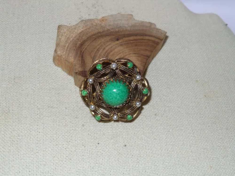 Vintage Faux Jade and Faux Pearl Brooch - image 5