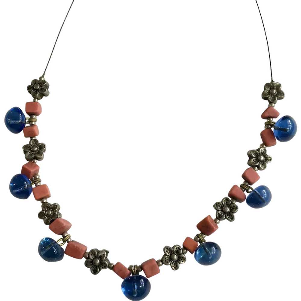Pretty Pink, Blue and Silver-Tone Beaded Necklace - image 1