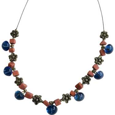 Pretty Pink, Blue and Silver-Tone Beaded Necklace - image 1