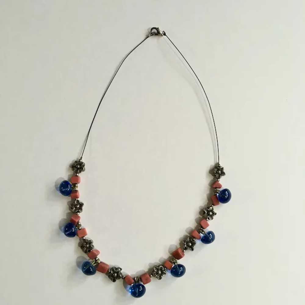 Pretty Pink, Blue and Silver-Tone Beaded Necklace - image 2