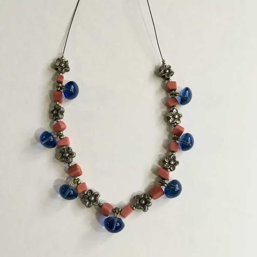 Pretty Pink, Blue and Silver-Tone Beaded Necklace - image 3